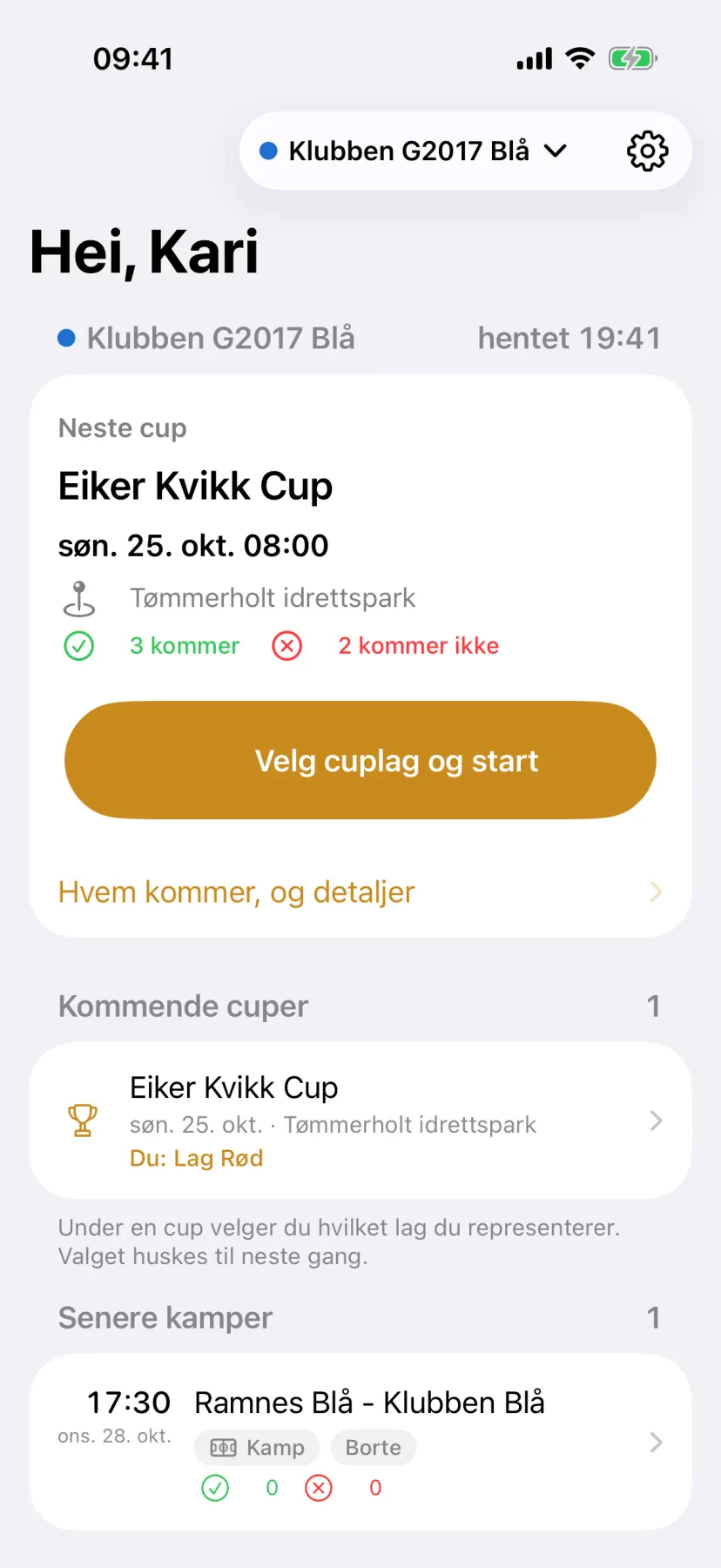 Kampdagen-appen: neste cup, hvem som kommer, og knappen for å starte