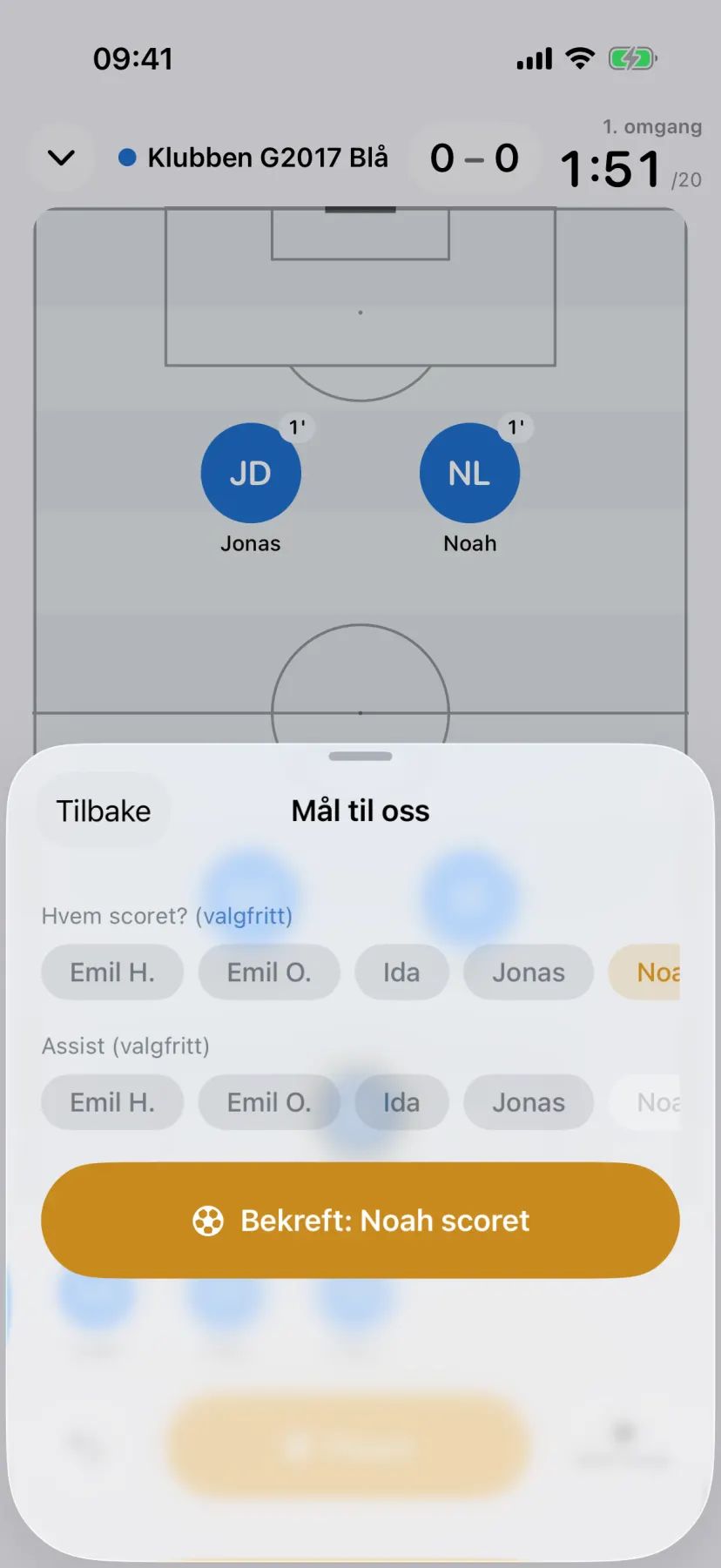 Mål til oss: velg målscorer og assist, og bekreft