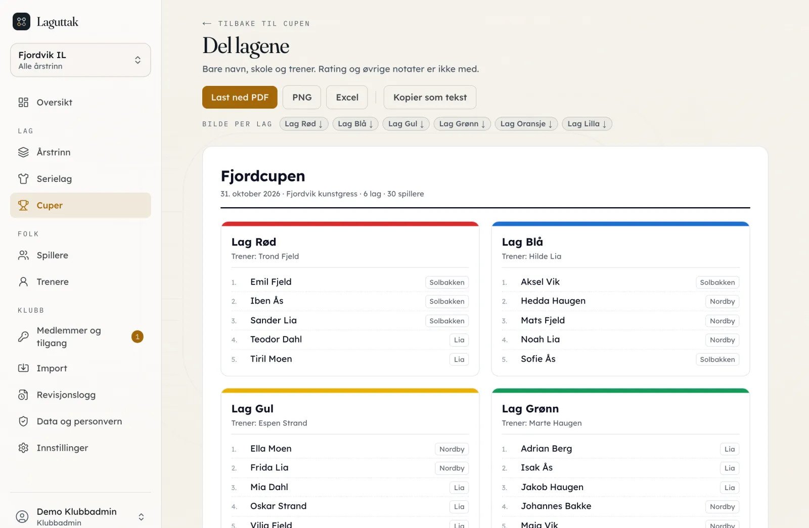 Lagarket for Fjordcupen, klart til å deles som PDF, bilde, Excel eller tekst